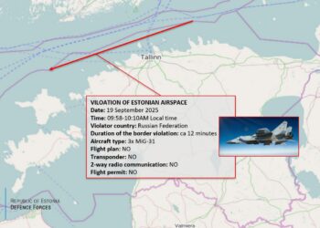A chart showing the flight path of three Russian MiG-31 fighter jets that crossed into Estonia’s skies on 19 September 2025.