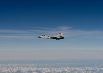 After the Russian MiG-31s left Estonian airspace, Swedish JAS 39 Gripen fighters intercepted and monitored them over the Baltic Sea. Photo by the Swedish Air Force.