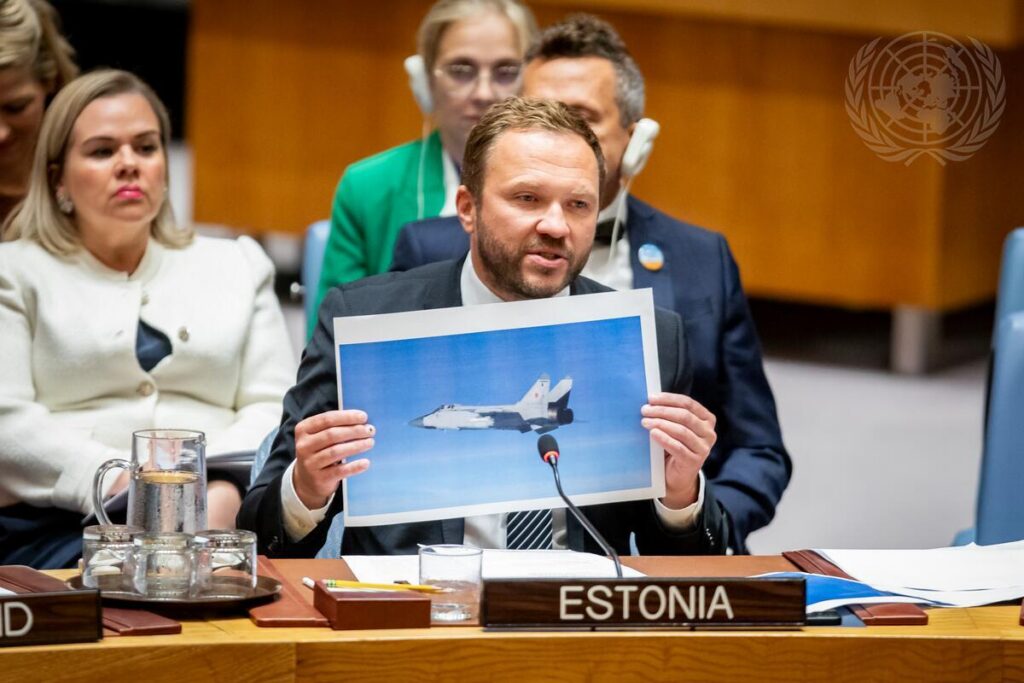 “Russia not only violated Estonian airspace, it lied about it. Hard evidence is here. Please don’t lie again," the Estonian foreign minister, Margus Tsahkna, said at the UN Security Council. Photo by UN.