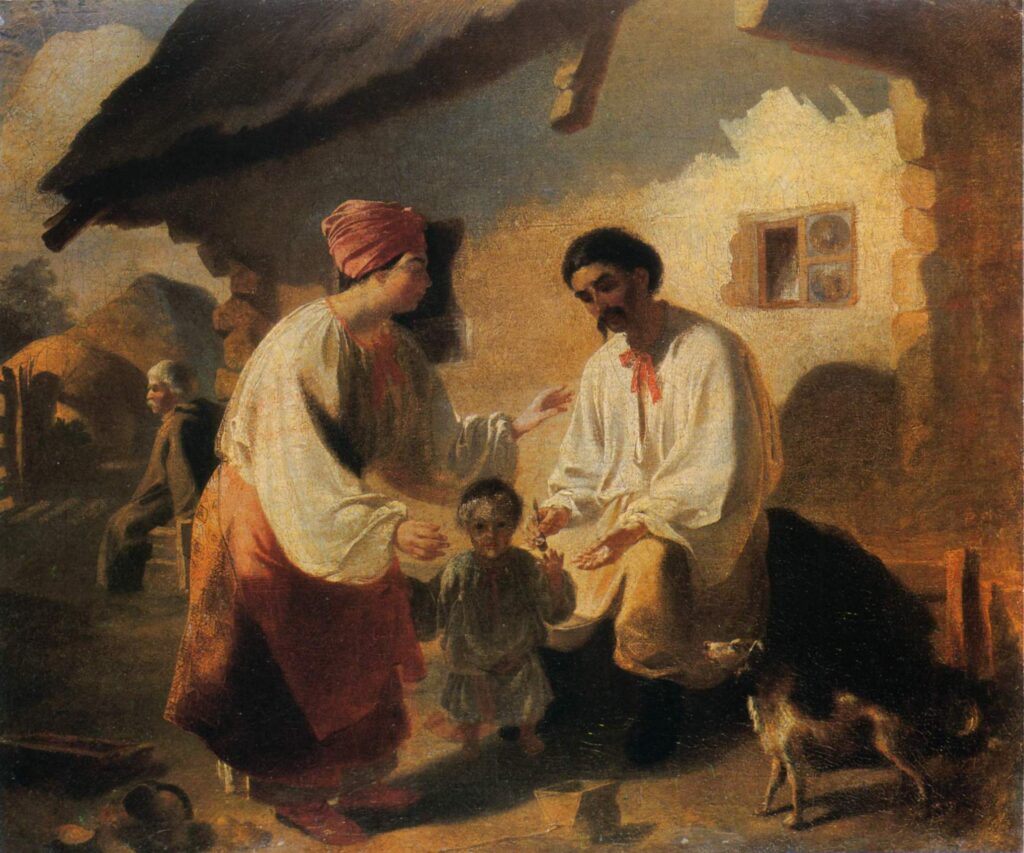 A peasant family, depicted by Ukrainian poet, writer, artist, public and political figure, folklorist and ethnographer Taras Shevchenko during one of his visits to Ukraine in 1843. Public domain.