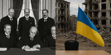 A fractured peace: the ruins of Ukraine mirrored against Europe’s diplomatic calm – a reminder that history’s lessons can fade faster than its echoes.