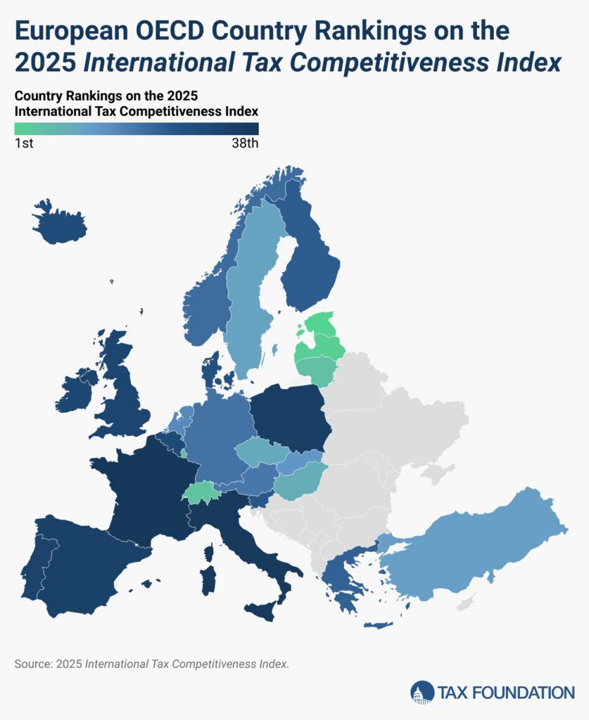 2025 international tax competitiveness index rankings. Chart by the Tax Foundation.