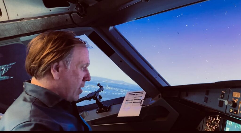 Thomas Salme piloting a private plane, 2024. Private collection.