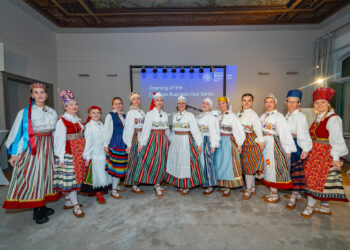 Estonian folk dancers at the opening ceremony of the Estonian business hub at the country’s embassy in Berlin. Photo by the Estonian foreign ministry.