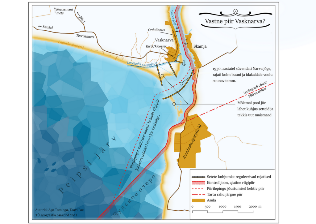 Russian fishing vessels are required to seek permission from Estonia in order to reach Lake Peipus. The reason lies in the location of the control line, which in this stretch runs not along the river’s midline but along its eastern bank. As a result, all Russian vessels heading upstream must briefly enter Estonian waters. Map by Taavi Pae, Ago Toominga