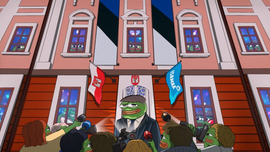 On his Facebook profile, Kris Kärner casts himself as a Pepe-the-Frog mayor in front of Tartu Town Hall – adopting a meme that has been widely used by far-right and extremist online communities, with the Isamaa flag prominently flying at his side.
