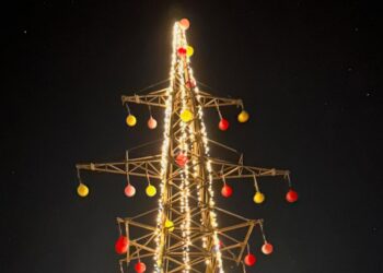 In Estonia, a disused power pylon on Saaremaa lights up as a Christmas tree, marking an unlikely environmental victory. Photo by Heiki Hanso.