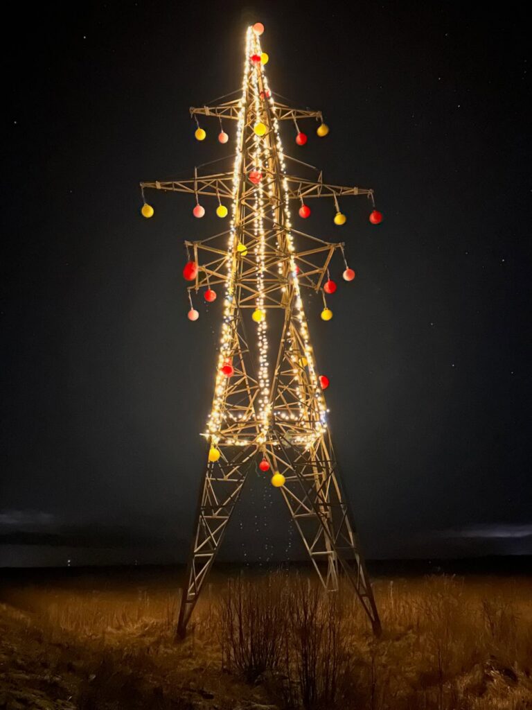 In Estonia, a disused power pylon on Saaremaa lights up as a Christmas tree, marking an unlikely environmental victory. Photo by Heiki Hanso.