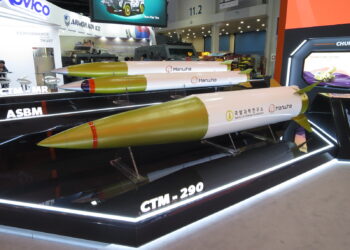 Full-scale models of the CTM-MR, CTM-ASBM and CTM-290 rockets. Photo by Mztourist, shared under the CC BY 4.0 licence.