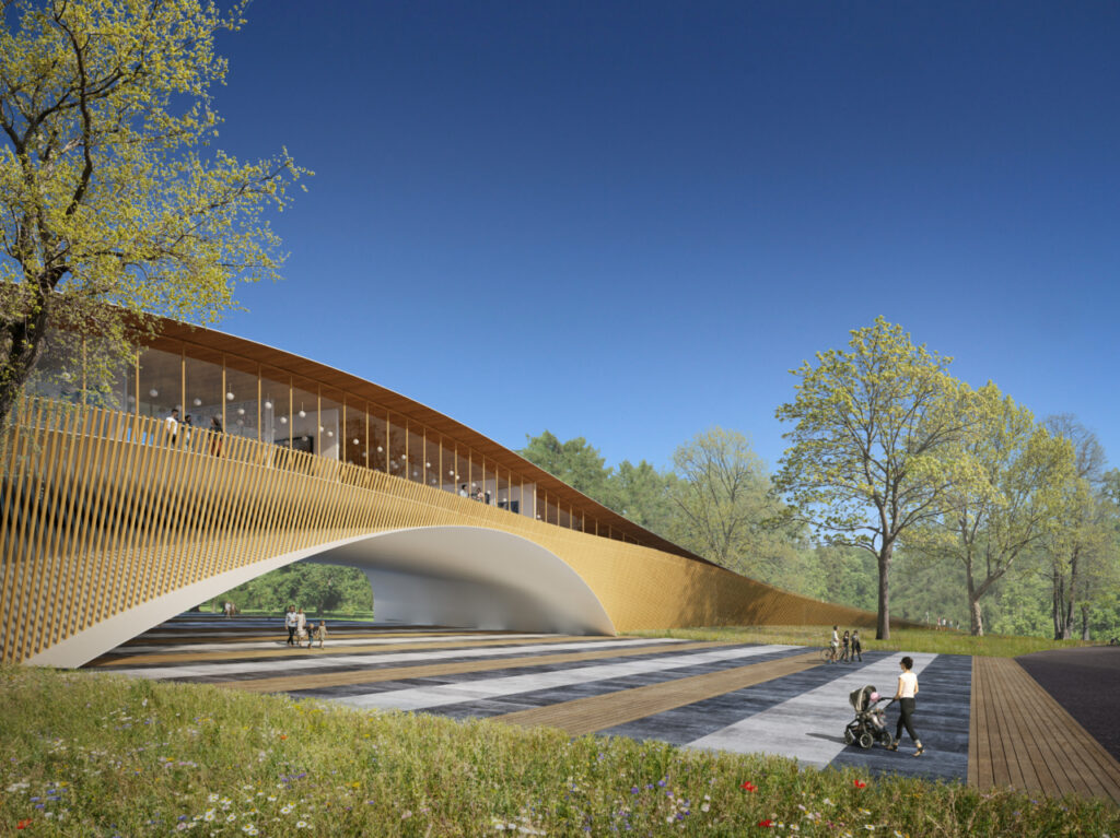 The new gatehouse will serve as a visitor centre with a museum, café and facilities, its bridge-like design inspired by the site’s limestone escarpment.  Visualisation by the Song Festival Grounds.