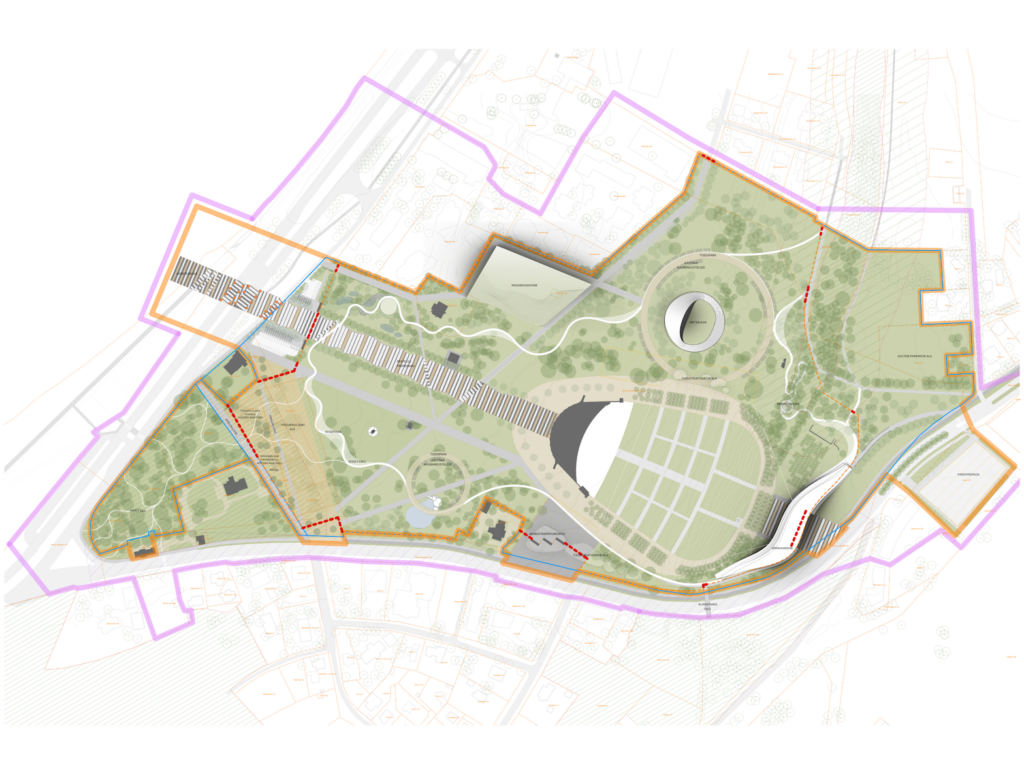 The new detailed plan aims to expand the Song Festival Grounds' territory by nearly 10,000 square metres and to create a more coherent, contemporary environment for cultural events and daily leisure. New facilities are envisioned, circulation will be rethought and the grounds will be better integrated with green space rather than squeezed by it. Map by Song Festival Grounds.