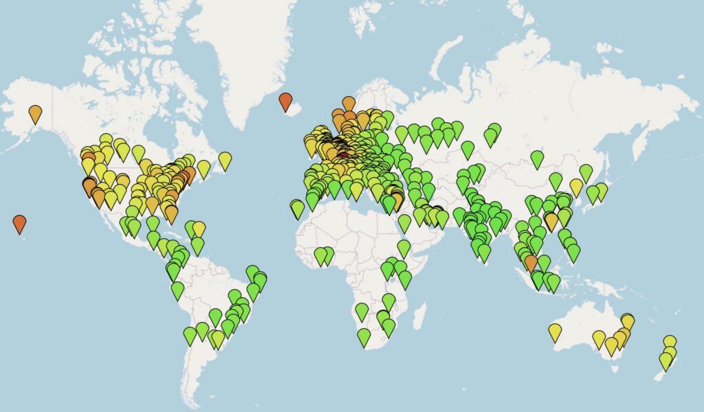 A global map of the Cost of Living index 2026. The cities marked in green have the lowest cost of living while the cities marked in red the highest. Image from Numbeo.