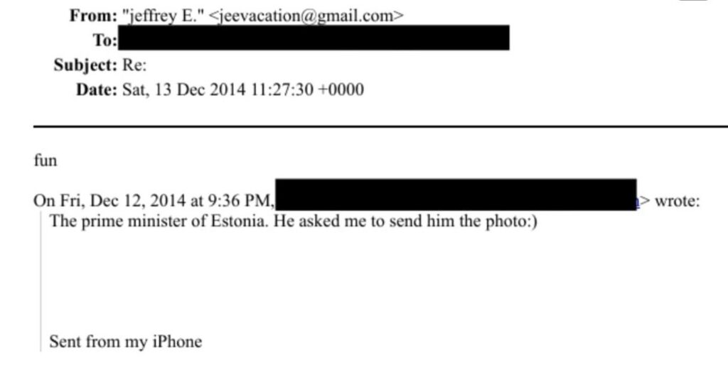 A 2014 email sent to Jeffrey Epstein refers to an “Estonian prime minister”; Epstein’s reply reads simply: “fun”. Source: US Justice Department.