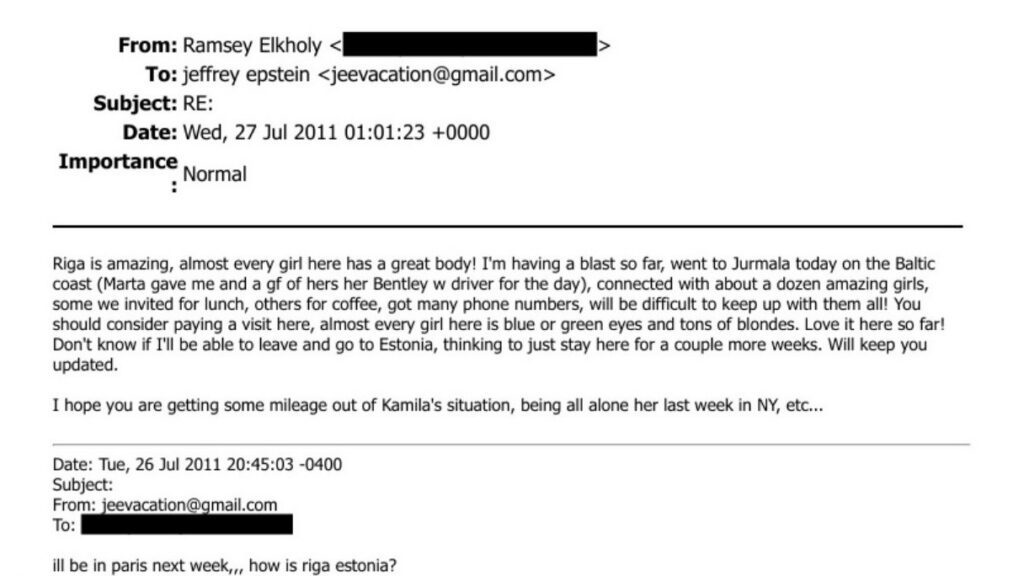 A reply from Ramsey Elkholy described Latvia in explicitly sexualised terms and mentioned a possible onward trip to Estonia.