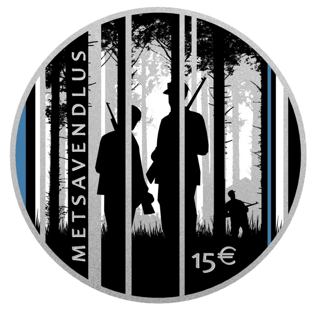 Revers: The reverse depicts the Forest Brothers as armed partisans in the Estonian landscape, symbolising resistance, survival, and the fight for freedom.
