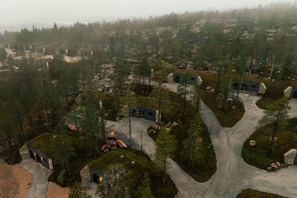 Kaamos Lodge in Finnish Lapland features 80 underground concrete homes made in Estonia by Revonia. Photo: Revonia.