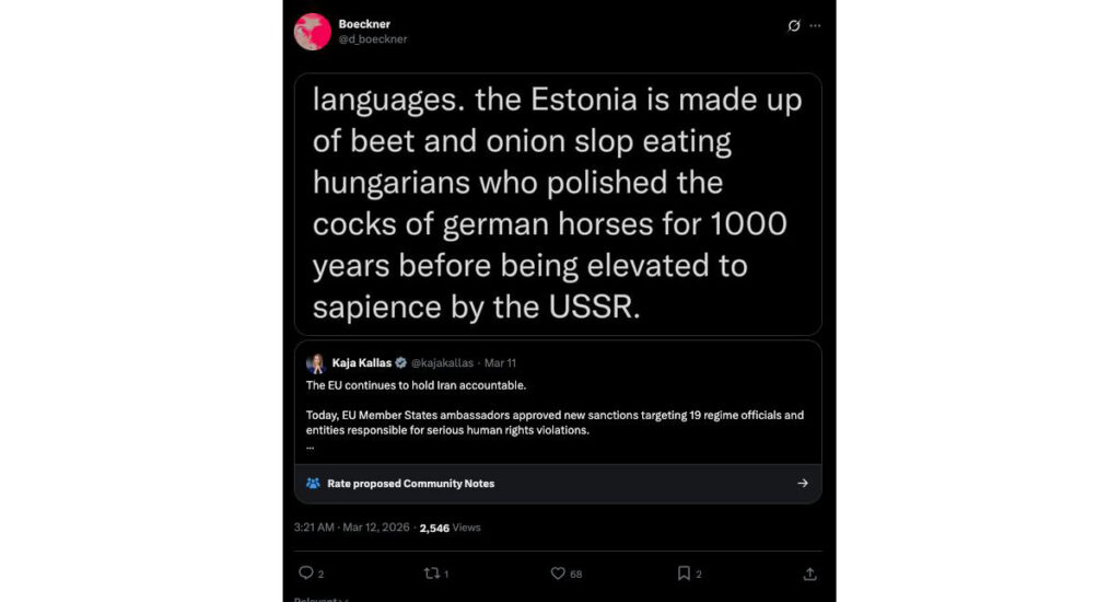 Dan Boeckner's vile, offensive post on X about Estonians. Screenshot.