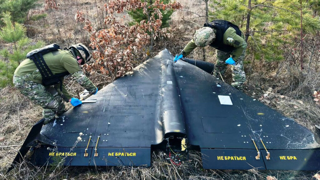 A Russian Geran (Shahed) drone, based on an Iranian design, found in Ukraine’s Vinnytsia region in March 2024. Photo: National Police of Ukraine, CC BY 4.0.