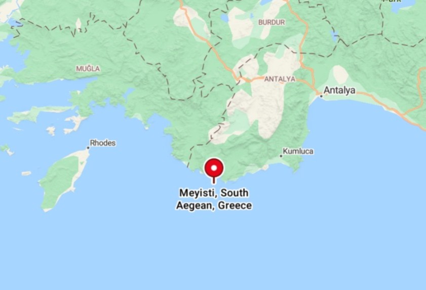 A map shows the location of Megisti, or Kastellorizo, in Greece’s South Aegean, near the Turkish coast.