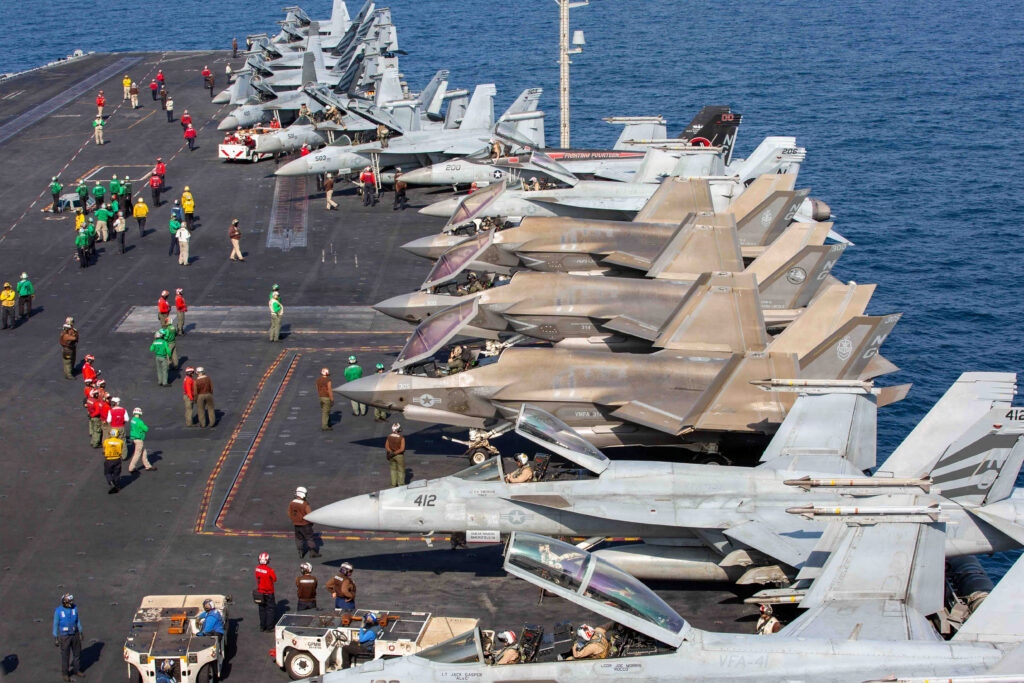 Aircraft of Carrier Air Wing 9 on the flight deck of USS Abraham Lincoln during Operation Epic Fury on 28 February 2026. Photo: US Navy.