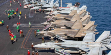 Aircraft of Carrier Air Wing 9 on the flight deck of USS Abraham Lincoln during Operation Epic Fury on 28 February 2026. Photo: US Navy.