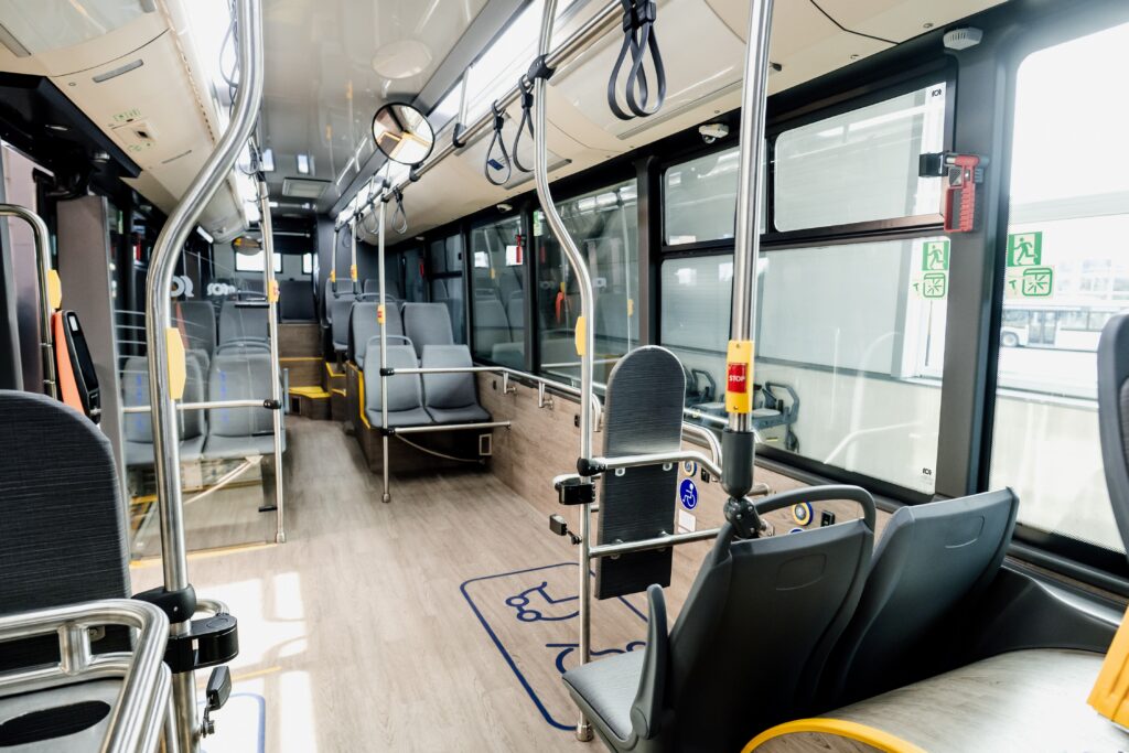 The interior of Tallinn’s new battery trolleybuses has been designed with low floors, wider access and modern passenger amenities. Photo by Ellen Rudi.