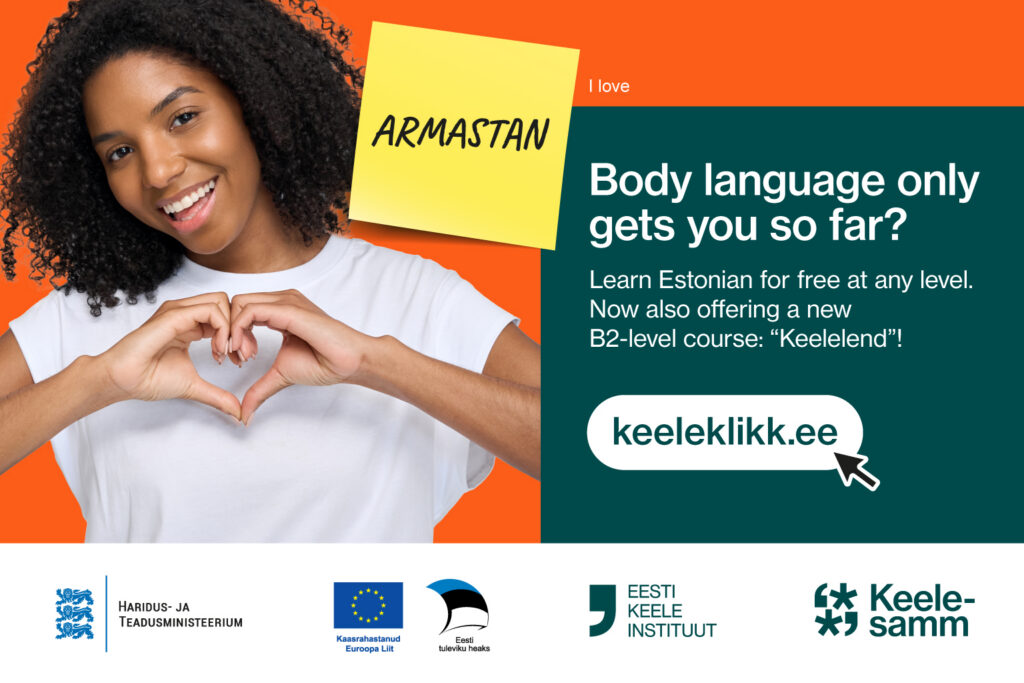 A Keeleklikk campaign visual promoting free Estonian-language learning at different levels.