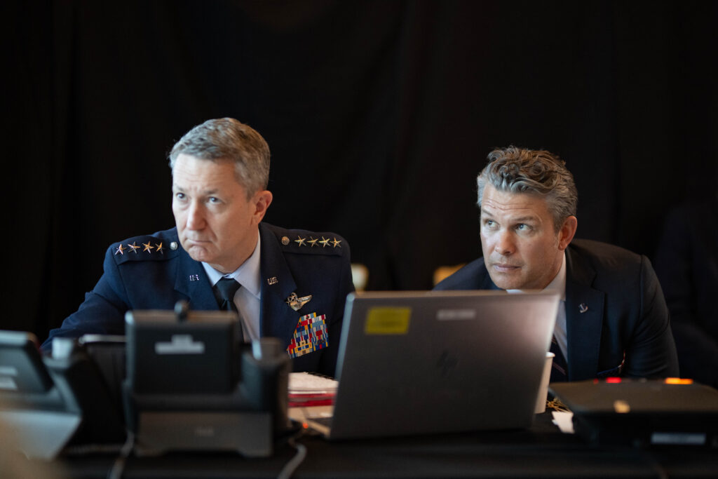 US defence secretary Pete Hegseth (right) and General Dan Caine during Operation Epic Fury at Mar-a-Lago in March 2026. Photo by Daniel Torok / White House.