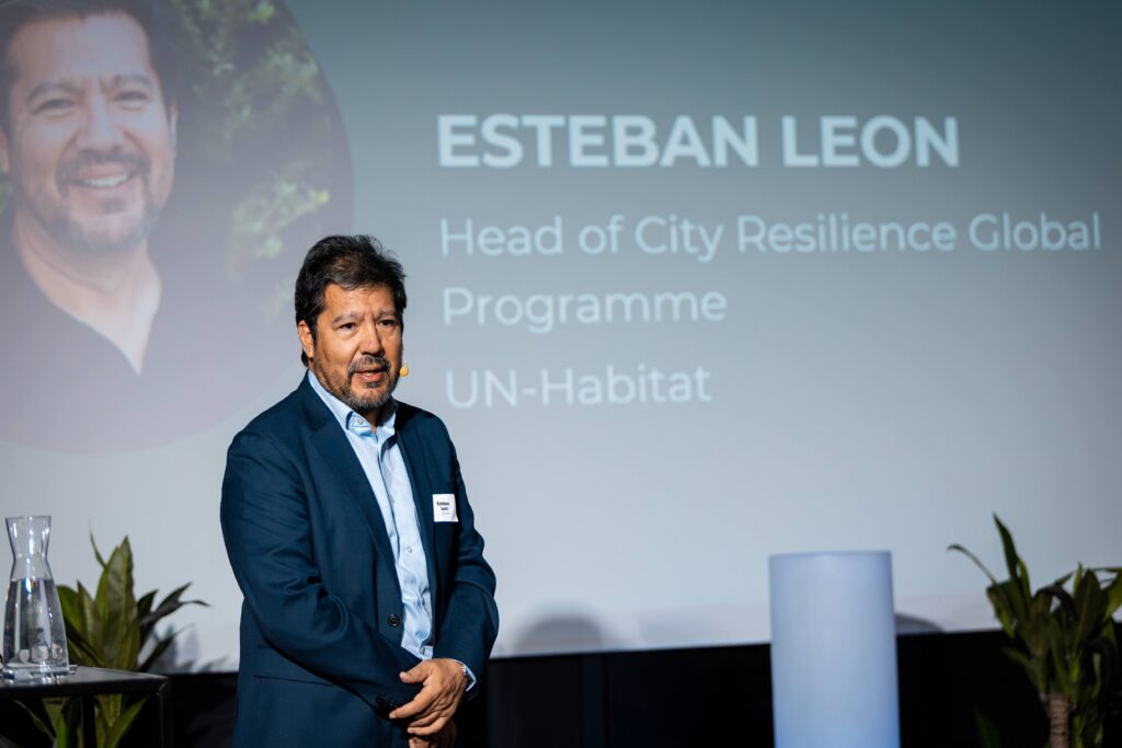 Esteban Leon, head of the City Resilience Global Programme at UN-Habitat, speaking at the Smart City Exchange Forum 2026 in Tallinn. Photo by Aldis Toome.