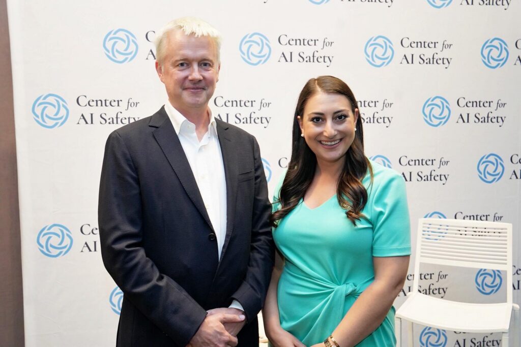 Jaan Tallinn, a board member of the Center for AI Safety, with US Representative Sara Jacobs at the nonprofit’s Washington, DC, launch reception on 23 July 2024. Photo by CAIS.