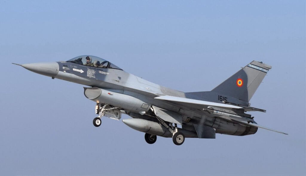 A Romanian Air Force F-16, like the one that shot down a suspected Ukrainian drone over Estonia on Tuesday. Photo by Capt Andrew Layton/US Air Force.