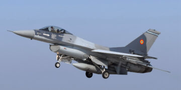 A Romanian Air Force F-16, like the one that shot down a suspected Ukrainian drone over Estonia on Tuesday. Photo by Capt Andrew Layton/US Air Force.