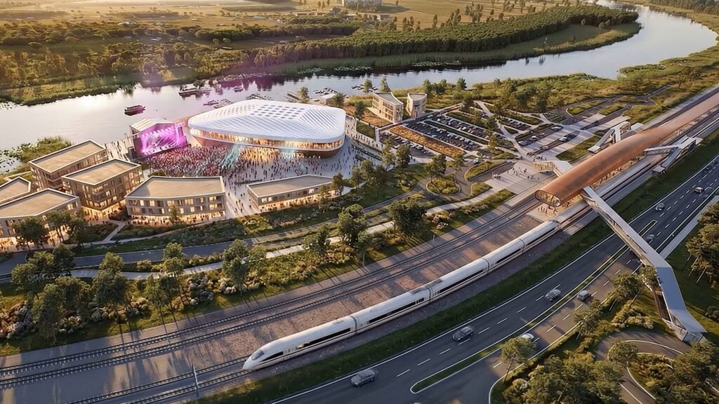 Artist’s impression by Plus Architects of the planned multifunctional arena in Pärnu, next to the future Rail Baltica station and the Pärnu River.