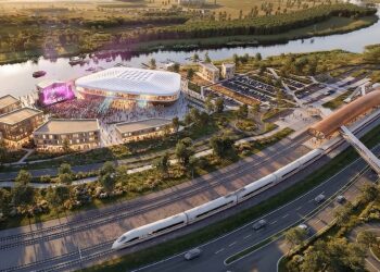 Artist’s impression by Plus Architects of the planned multifunctional arena in Pärnu, next to the future Rail Baltica station and the Pärnu River.