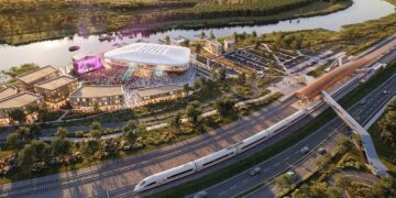 Artist’s impression by Plus Architects of the planned multifunctional arena in Pärnu, next to the future Rail Baltica station and the Pärnu River.