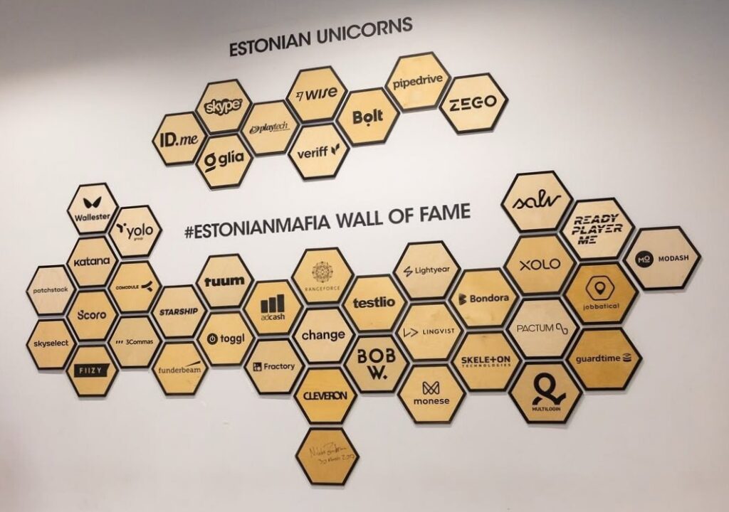 The Estonian startup wall of fame, featuring the country’s best-known unicorns and technology companies. Photo by Lift99.