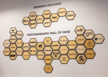 The Estonian startup wall of fame, featuring the country’s best-known unicorns and technology companies. Photo by Lift99.