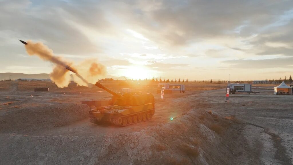 A self-propelled artillery system fires a rocket during an ARCA Defense demonstration. Photo by ARCA Defense.