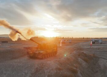 A self-propelled artillery system fires a rocket during an ARCA Defense demonstration. Photo by ARCA Defense.