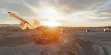A self-propelled artillery system fires a rocket during an ARCA Defense demonstration. Photo by ARCA Defense.