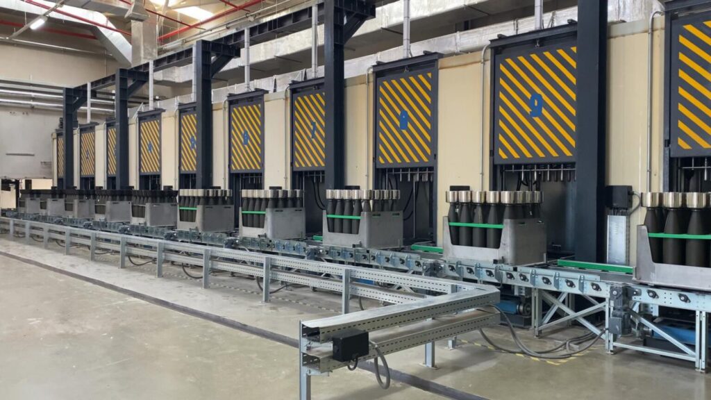 Ammunition components move along a production line at an ARCA Defense facility. Photo by ARCA Defense.