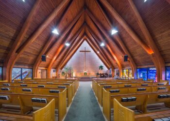 The sanctuary of St Peter’s Estonian Evangelical Lutheran Church, a mid-century modern A-frame building completed in 1955. Photo courtesy of St Peter’s Estonian Evangelical Lutheran Church of Toronto.