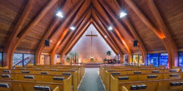 The sanctuary of St Peter’s Estonian Evangelical Lutheran Church, a mid-century modern A-frame building completed in 1955. Photo courtesy of St Peter’s Estonian Evangelical Lutheran Church of Toronto.