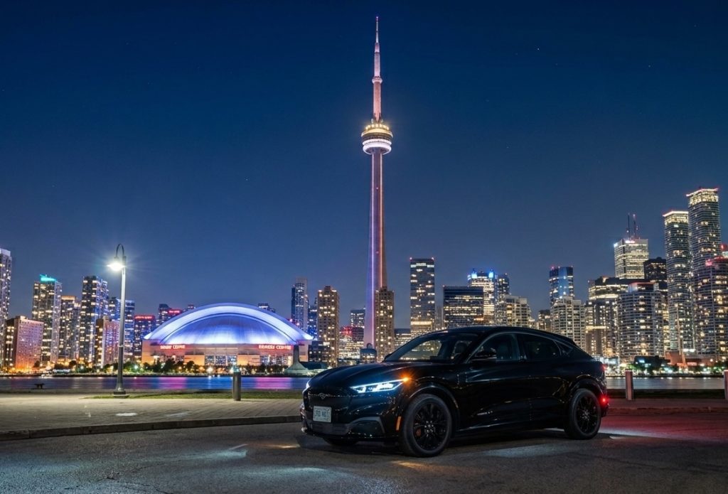 An AI rendering of the Ford Mustang Mach-E and Downtown Toronto with its famous landmark, the CN Tower. Photo: Gemini AI.