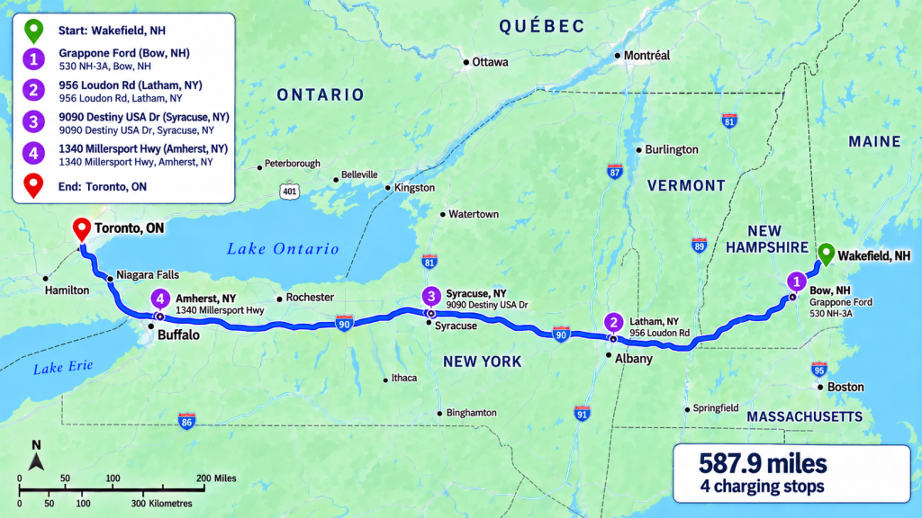Here's a map of my trip from my home in New Hampshire to Toronto. Image by ChatGPT.