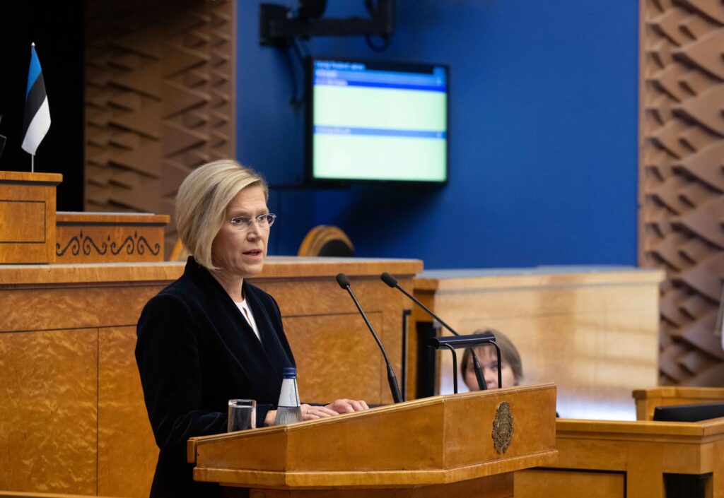 Ülle Madise delivers her speech to the Riigikogu shortly before MPs elected her Estonia’s next president on 2 September 2026. Photo by Erik Peinar.