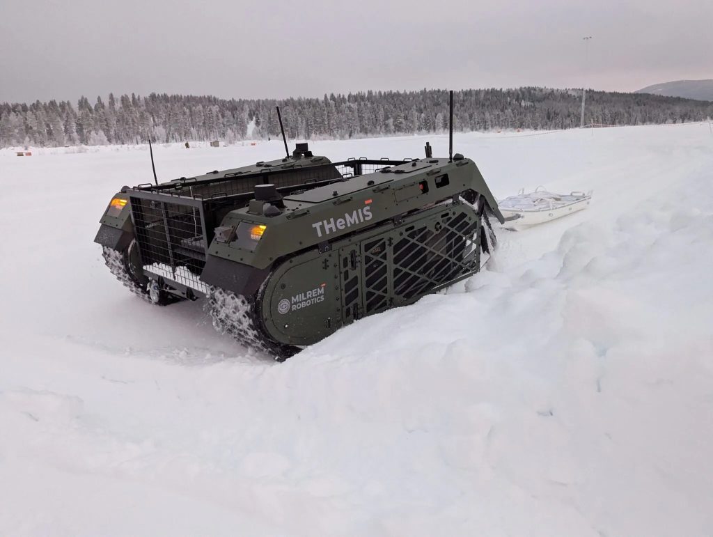 A Milrem Robotics THeMIS unmanned ground vehicle operating in winter conditions. The Estonian defence company supplies the vehicles to Ukraine. Photo: Milrem.