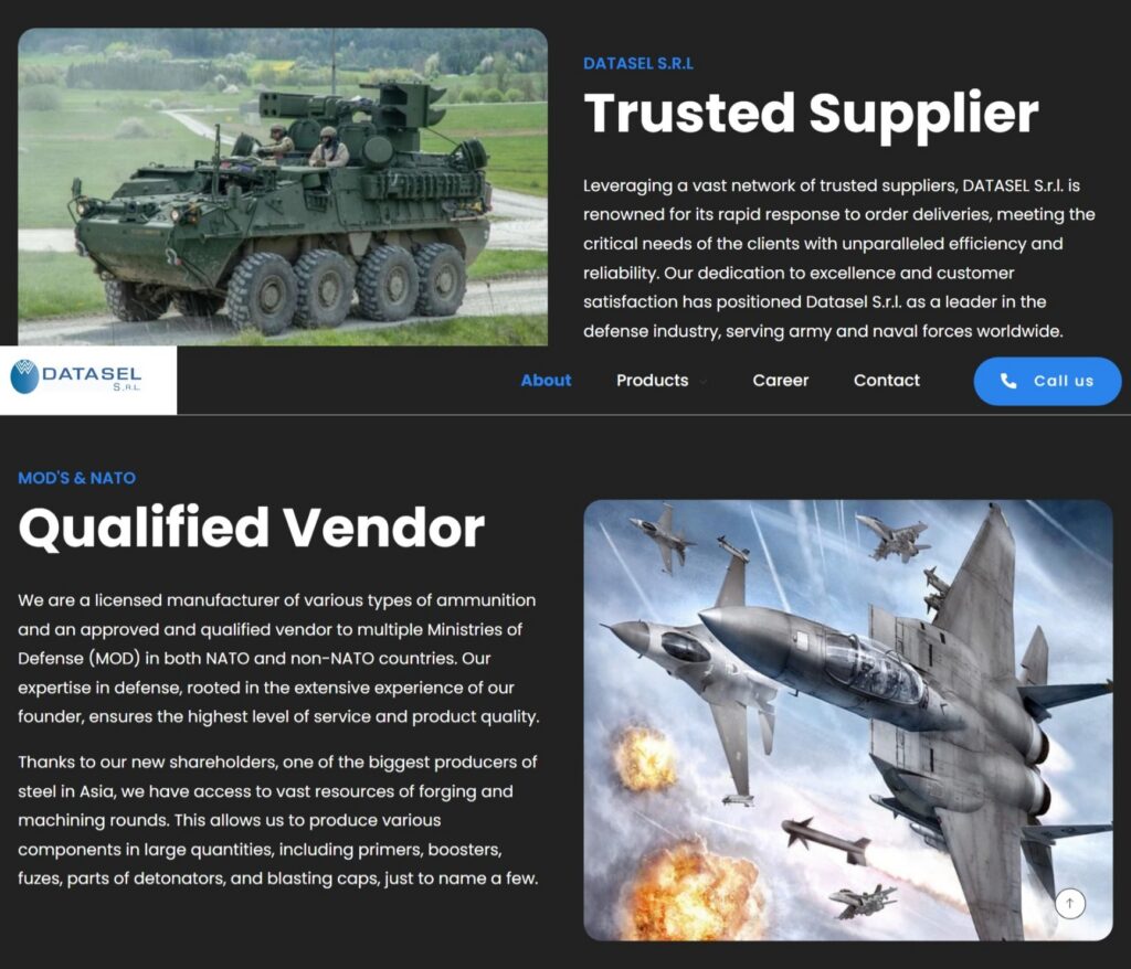 “Trusted supplier”, says Datasel. Ukraine is still waiting for usable shells; Estonia for its millions. Screenshot: Datasel.