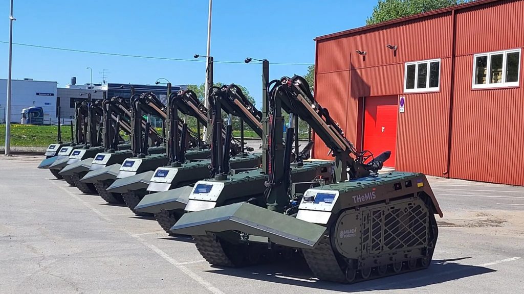Milrem Robotics’ THeMIS unmanned ground vehicles outside a company facility in Tallinn. The Estonian manufacturer supplies the vehicles to Ukraine. Photo: Milrem.