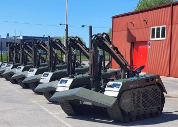 Milrem Robotics’ THeMIS unmanned ground vehicles outside a company facility in Tallinn. The Estonian manufacturer supplies the vehicles to Ukraine. Photo: Milrem.